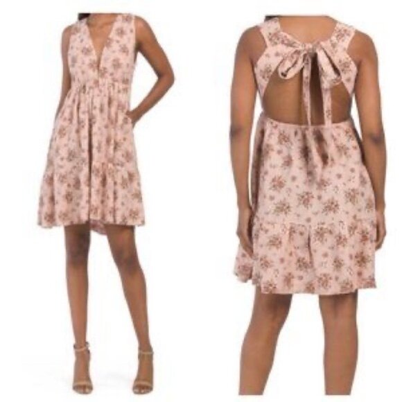 HOUSE OF HARLOW Linen Floral Deep V-neck Bow Back Mini Dress XS Pink - Picture 1 of 7